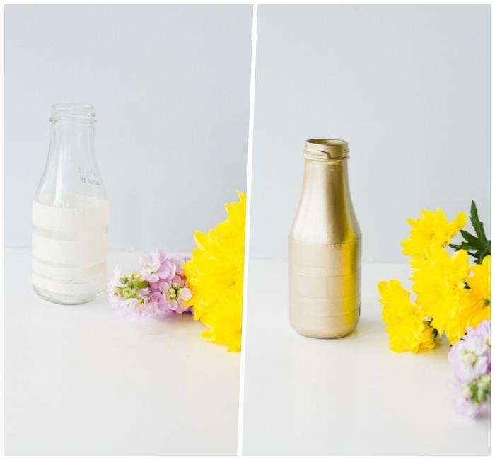 Allestimento tavoli matrimonio, bottiglie di vetro dipinte, fiori gialli