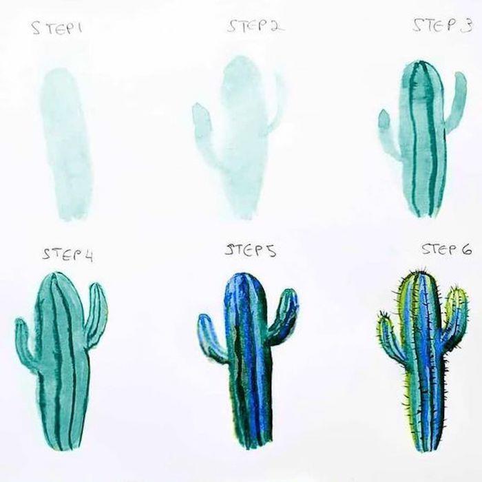 Akvarelno slikanje z zelenim kaktusom, naučite se risati korak za korakom, model za risanje v 6 korakih