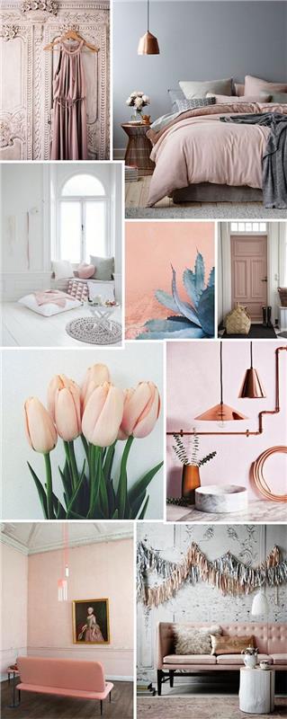 Toz pembe boya pembe ve beyaz yatak odası daire dekorasyonu yatak odası renk düzeni moodboard yatak odası trendleri panosu