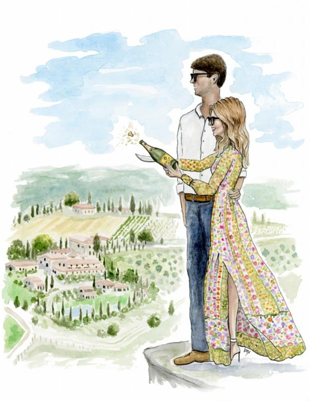 Vestuvių iliustracija žavinga pora, piešianti vestuvių idėją, skelbia apie sužadėtuves