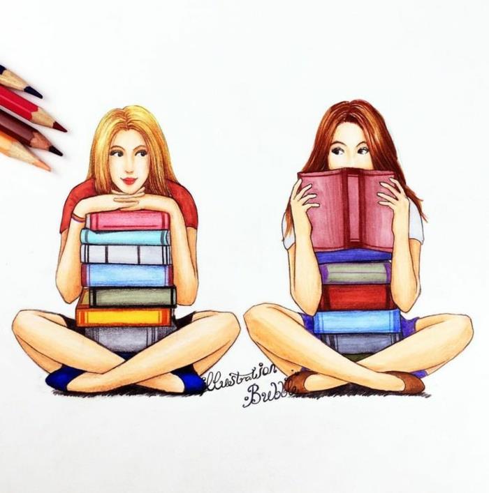 Dvi draugės, mėgstančios kartu skaityti mielą piešinį, piešia dvi mergaites spalvingu piešiniu