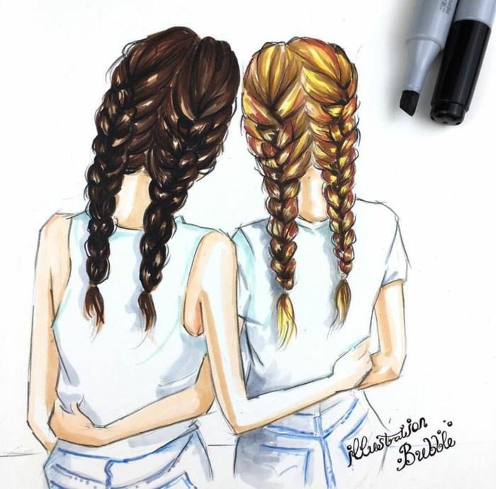 Mielas piešinys, skirtas geriausio draugo įvaizdžiui, geriausias draugas pynė plaukus