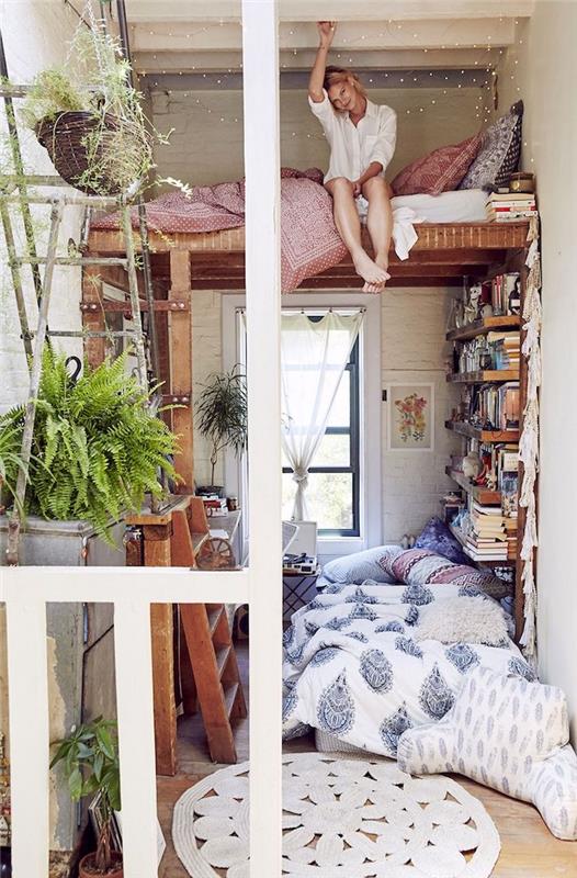 Lepo urejena spalnica tumblr, hipsterska najstniška spalnica na dveh ravneh, majhna postavitev prostora, visoka lestev