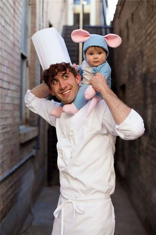 Ratatouille ir virėjas naminis Helovino kostiumas, juokinga kostiumo idėja, tėčio ir kūdikio kostiumas Remi ir Linguini kostiumas