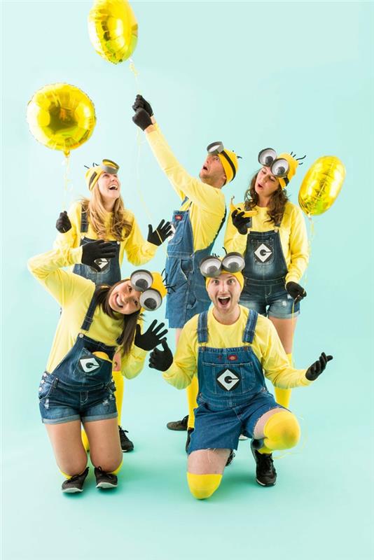 minion arkadaş grupları için çok güzel kostüm fikri orijinal grup kostümü ev yapımı cadılar bayramı kostümü sarı tişört ve tulum