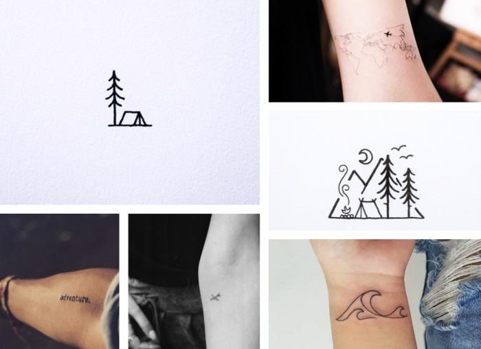 različne tetovaže, za ljubitelje avantur, letala in pokrajine, preprosta tetovaža, na podlakti