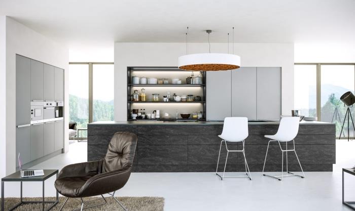 modern iç tasarım, oturma odasına açık beyaz mutfak modeli, antrasit gri orta adalı mutfak planı