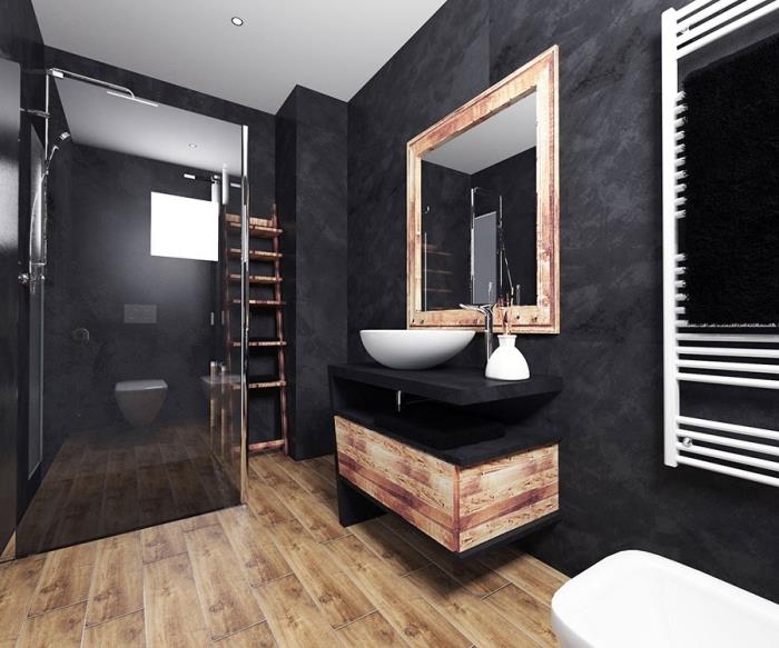 juoda vonios kambario apdaila su baltomis lubomis su medžio imitacijos grindimis, juodos kosmetikos modelis