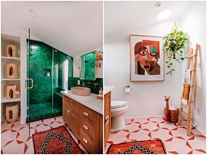 boemska elegantna ideja za dekoracijo kopalnice z grafičnimi ploščicami v roza in oranžni barvi, tuš kabina pod pobočjem v smaragdno zeleni keramični ploščici