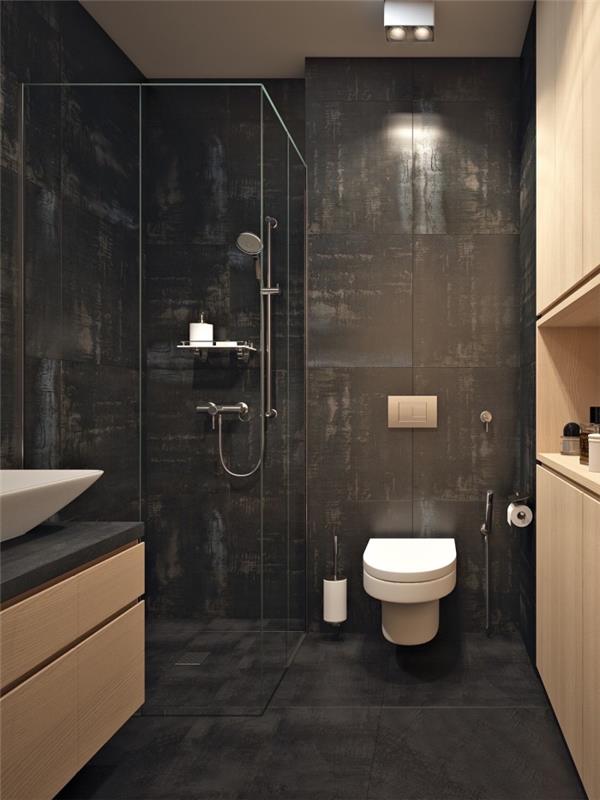 šiuolaikiško dizaino juodo vonios kambario pavyzdys, mažo vonios kambario išdėstymo idėja su dušo kabina