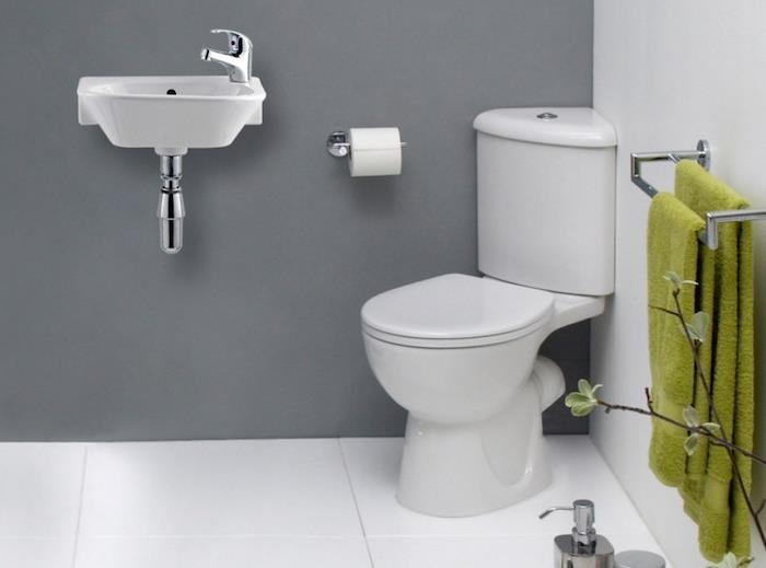 banyo düzeni örneği, tek lavabo, köşe wc ve havluluk, gri ve beyaz duvarlar