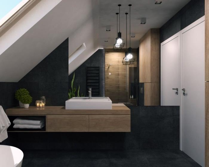 modernaus dizaino palėpės vonios kambario apdaila, vonios kambario modelis su anglies pilkomis sienomis ir mediniais baldais