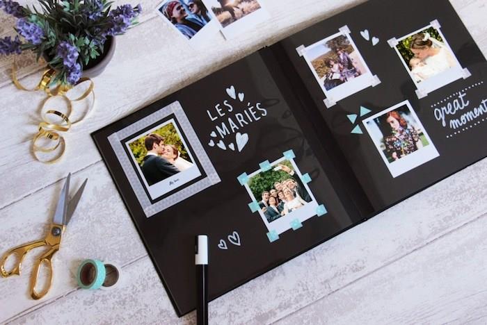 Vestuvinės kelnaitės, originalus vestuvių albumas, „scrapbooking“ knyga, „scrapbooking“ albumas, kaip jį organizuoti, juodas popierius ir „Polaroid“ nuotraukos