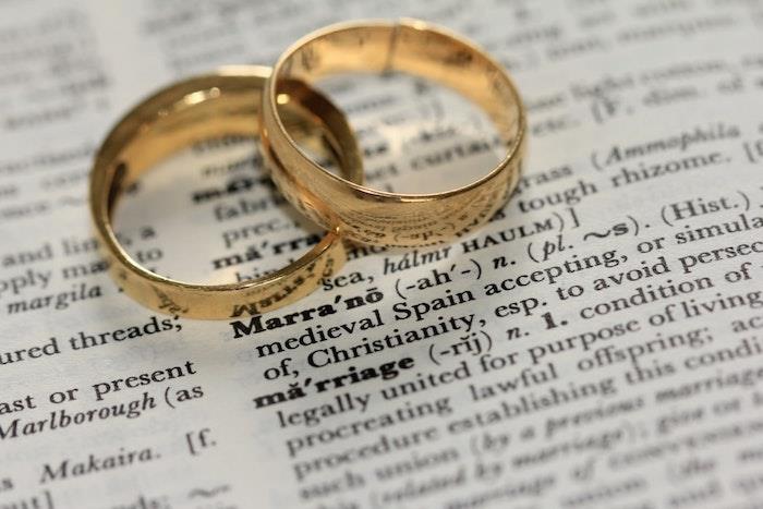 Poročni prstani iz rumenega zlata, romantična fotografija dveh poročnih prstanov istega sloga zanj in njej v slovarju pri poroki