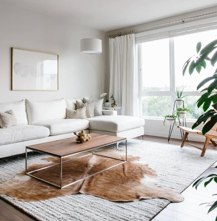 jauki atmosfera minimalistinėje skandinaviškoje svetainėje su baltomis sienomis ir sofa medinis kavos staliukas ant balto kilimo rudas medinis parketas kambariniai žali augalai
