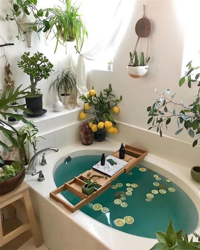 banyo ambiyansı uçucu yağlar ile beyaz küvet tropikal banyo bitkileri beyaz banyo duvarları