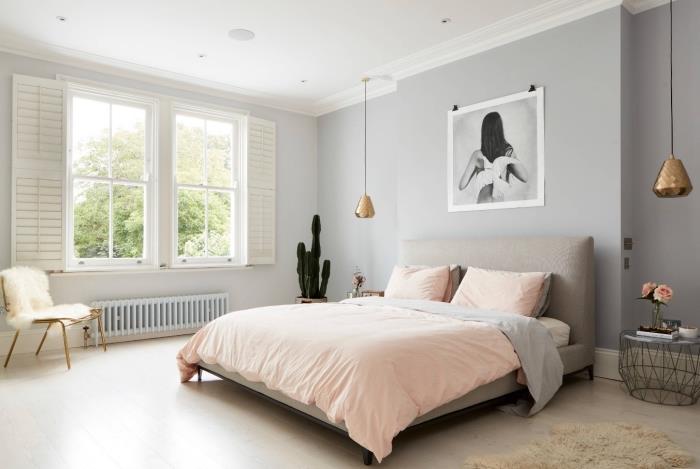 sive stene apus v skandinavski spalnici, deko dekoracija z belo prevleko za stol iz umetnega krzna