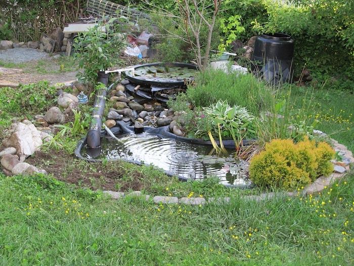 nedidelio dydžio sodo tvenkinio išdėstymas su tvenkinio danga ir iš anksto suformuota krioklio tvenkinio klestinti augmenija