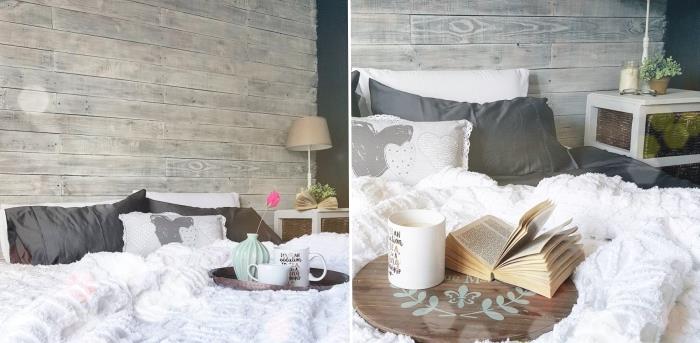 bir koza yatak odası nasıl dekore edilir, örnek geri dönüştürülmüş ahşap paletlerde kendin yap duvar kaplaması