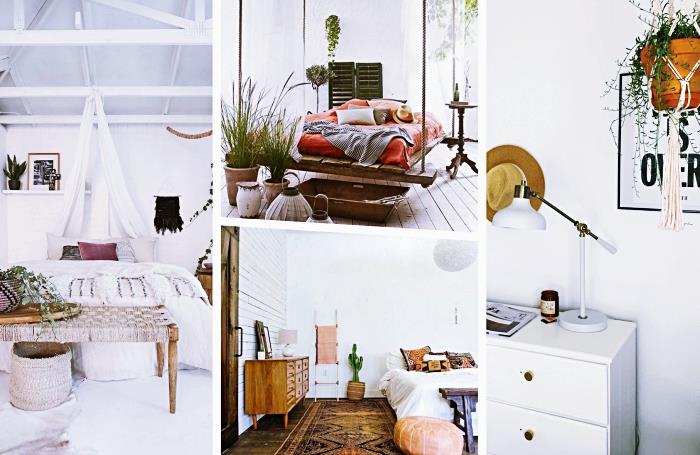 modeli deko za spalnico za odrasle z zakonsko posteljo in visokim stropom, leseni model viseče postelje, prekrit z okrasnimi blazinami