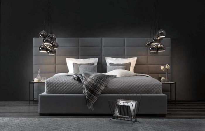 koyu gri duvar boyası ve grinin farklı tonlarında mobilyalarla tek renkli görünümde yetişkin yatak odası düzeni örneği
