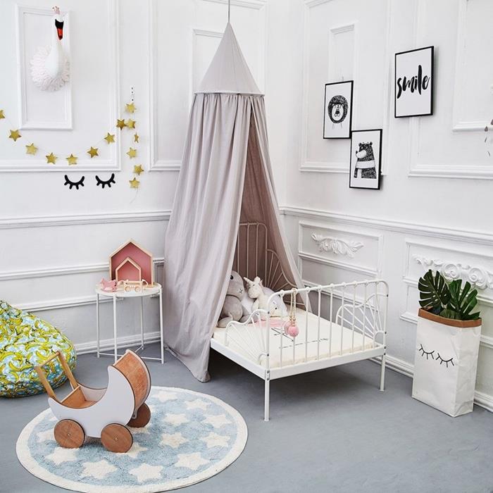bebek odası dekoru yıldız garland kağıt pastel renkli yatak gölgeliği mavi ve beyaz yuvarlak halı