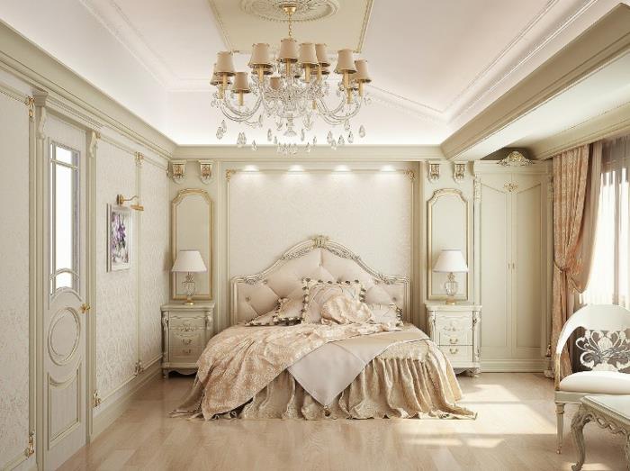 eleganten deželni dekor, veliko okno, lanena posteljna prevleka, zlato ogledalo, beli stol, parket iz svetlega lesa