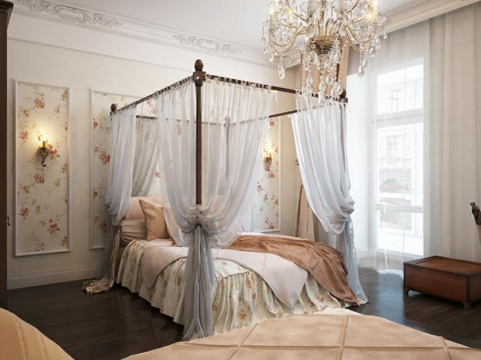 ideja za okrasitev spalnice, beli strop, laminatni parket, lesena skrinja, leseni okvir postelje, veliko okno