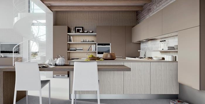 katero barvo kombinirati z lesenim pohištvom za opremljanje sodobne kuhinje, model belega stopnišča