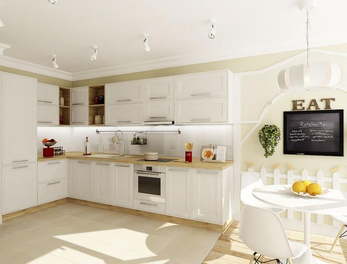 Skandinavski dizajn, bež barva za stene z bež talnimi ploščicami, kuhinjska barva v belih ploščicah