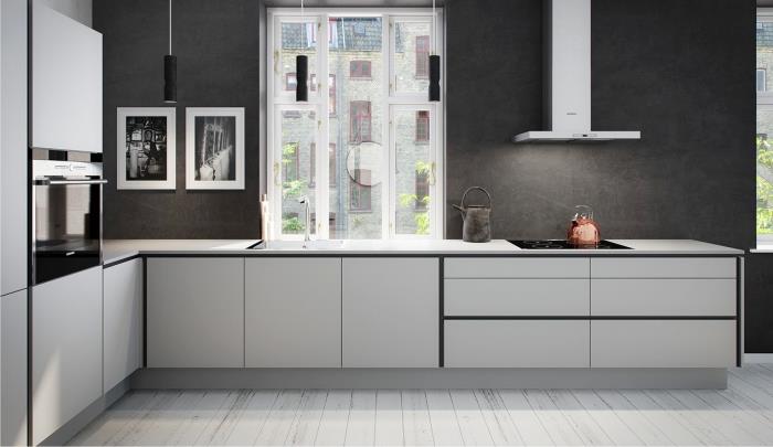 mutfak için ne renk, l şeklinde mutfak dekoru, beyaz tezgahlı ve mat siyah desenli koyu gri duvarlı mutfak