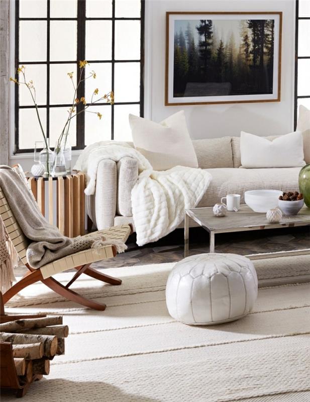 kokoniranje dnevna soba deko v nordijskem slogu prijetna dnevna soba kavč za čahuranje moderna notranjost prijetna bela kavč kavna miza kovinska otomanska marrocain beli plakat
