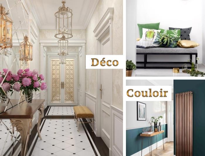 2018 moda renklerde koridor dekorasyonu, ahşap mobilyalı bej ve altın iç mekan, beyaz ve siyah döşeme deseni