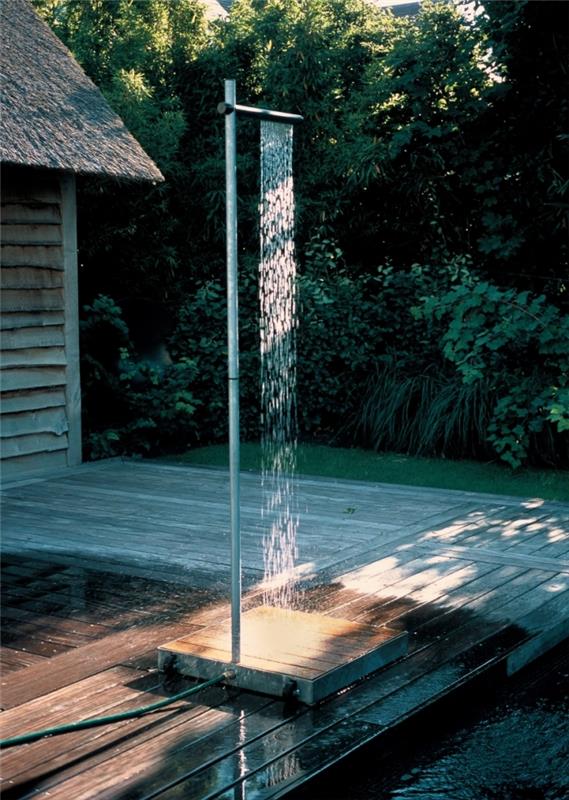 mobilni model tuša za zunanji bazen z leseno oporo, kako urediti prostor okoli bazena