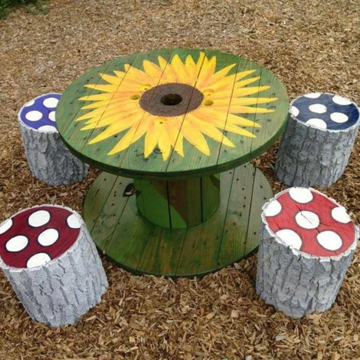 çocuk oyun alanı için bahçe düzeni, puantiyelerle süslenmiş ahşap kütük tabureler, yeşile boyanmış masa, ayçiçeği desen tasarımı