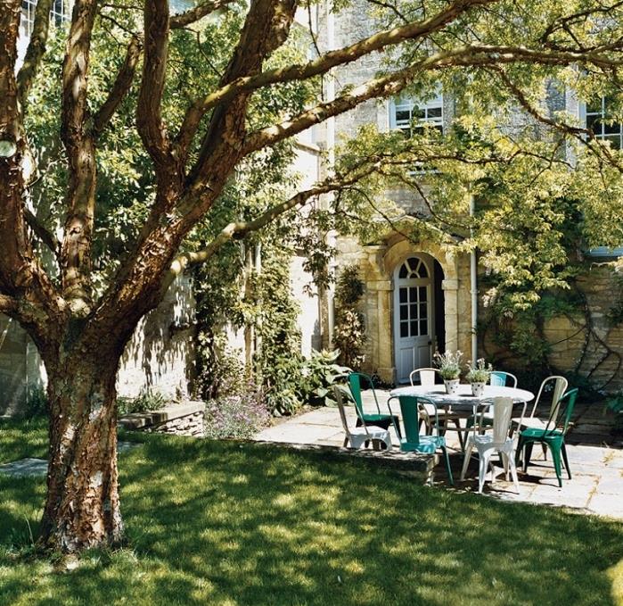 sodo idėja su žole ir dideliu medžiu, kiemelis ir sodo baldai su metaliniu stalu ir kėdėmis, gebenės, lipančios ant senovinio kaimo namo sienos