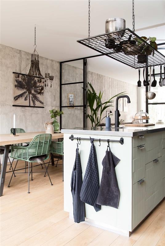 metalik aksan ve doğal dekora sahip endüstriyel şık bir mutfak