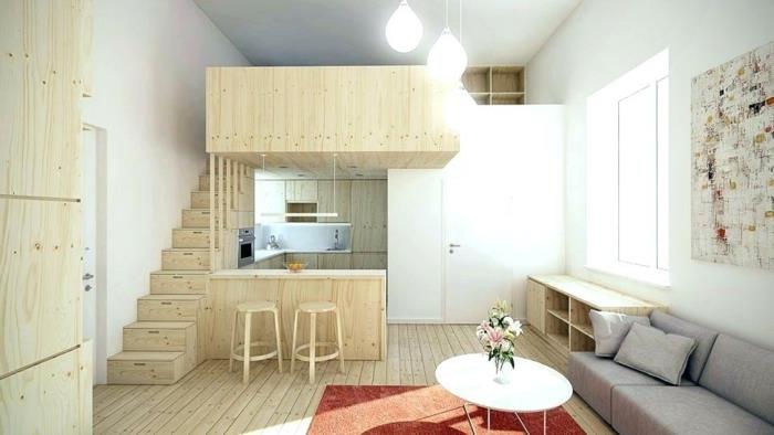 mutfak düzeni fikri, U şeklinde mutfak, ahşap ve beyaz modern öğrenci stüdyosu, gri kanepe, beyaz masa