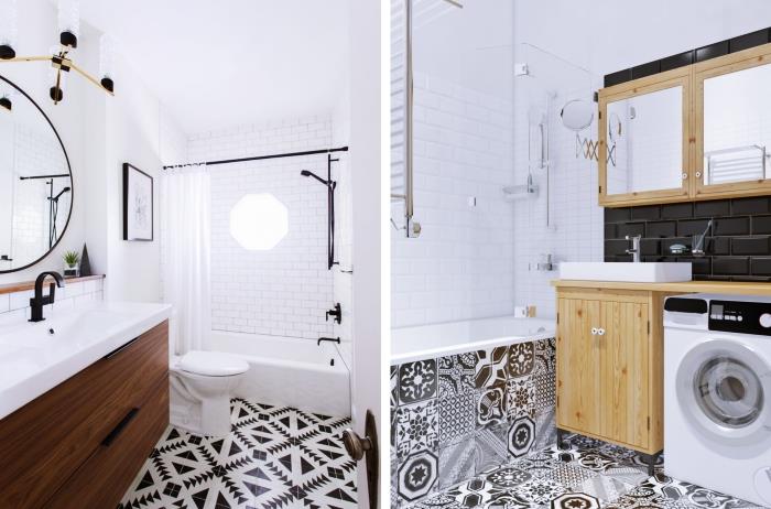 namig, kako urediti kopalnico velikosti 5 m2, belo dekoracijo sobe na belih in črnih keramičnih tleh s pohištvom iz svetlega ali temnega lesa