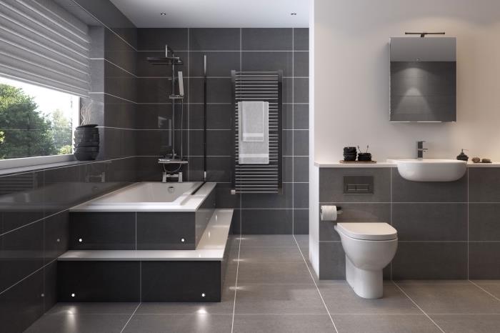 gri kiremitli duvarlar ve led aydınlatmalı beyaz tavanlı modern banyo modeli