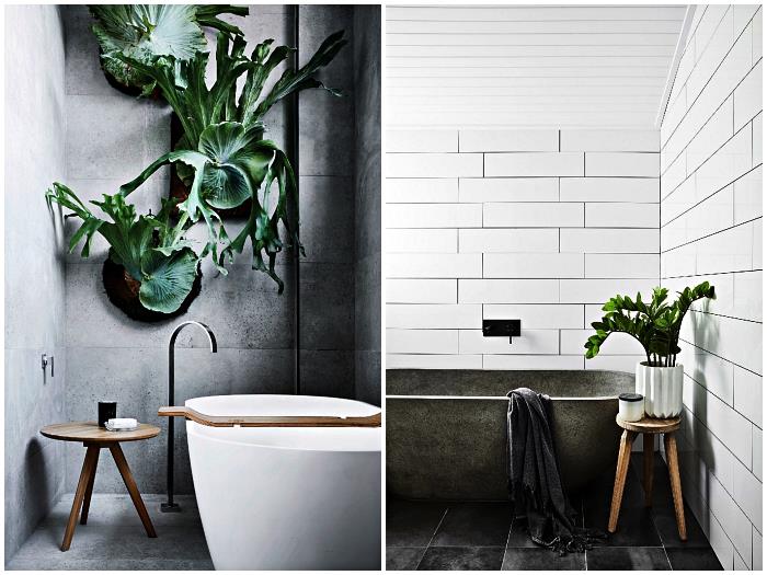 Zen in naravno vzdušje v beli in sivi kopalnici s čistimi linijami in rastlinskimi poudarki