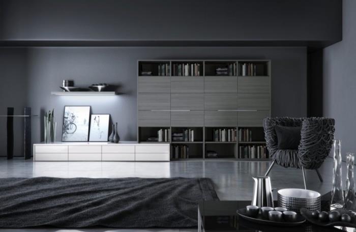 Fare grisi ve siyah halıda kitaplıklı modern oturma odasında koyu tonlarda iç tasarım modeli