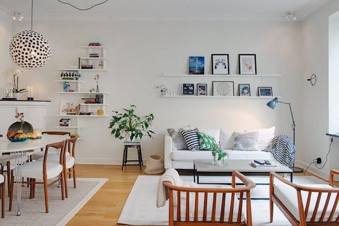 Küçük bir oturma odasını, mutfağı, yemek odasını ve oturma odasını aynı odaya dönüştürün, bir oturma odasını İskandinav dekorasyonuna dönüştürün