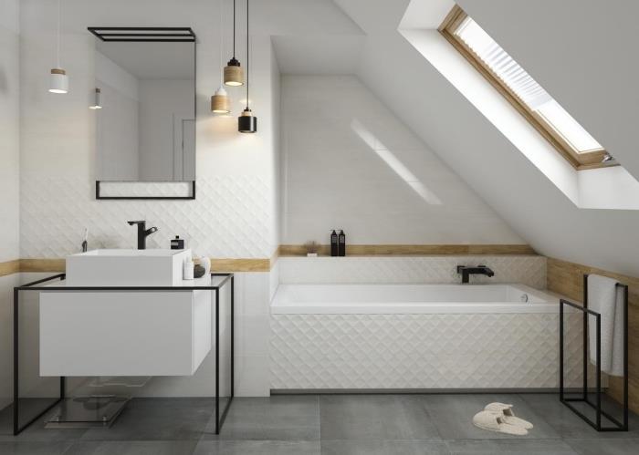 Eğimli bir banyoda çağdaş tarz deco, beyaz ve mat siyah banyo mobilyası fikri