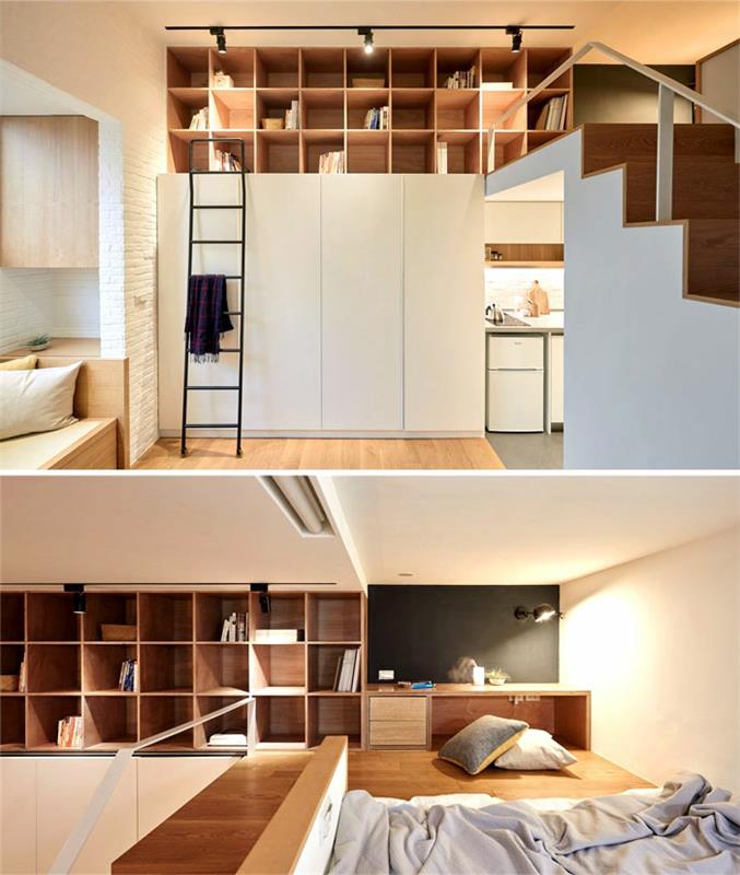 küçük mutfak düzeni, çatı merdiveni, ahşap ve beyaz stüdyo, kütüphane rafı, yerde yatak