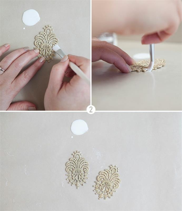 premažite čipkaste aplikacije s trdilcem za tkanine, da jih utrdite, idejo za dekoracijo čipk, ženski dodatek, ki ga naredite sami