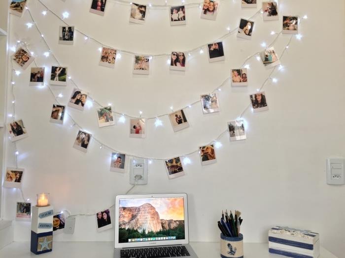 örnek öğrenci odası için hafif bir çelenk nasıl kişiselleştirilir, LED zincirli duvar dekorasyonu ve fotoğraflar