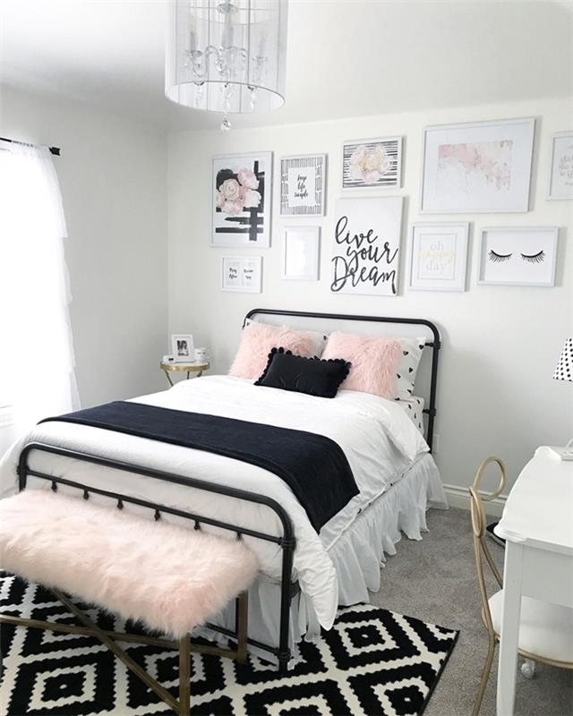 10m2 miegamojo išdėstymas minimalistinio stiliaus deko pilka ir balta miegamojo spalvos su juodais ir rožiniais akcentais