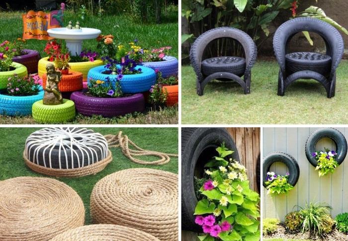 enostavni projekti DIY z recikliranimi materiali, ideja o dekoriranju zunanjih pnevmatik, vrtno pohištvo DIY iz recikliranih pnevmatik