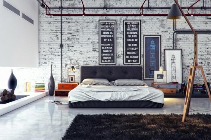 beyaz tuğla-yatak odası-mobilya-endüstriyel-tarzı-düzen